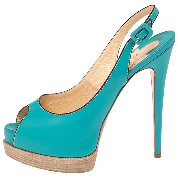 Christian Louboutin Turqouise Leather Peep Toe Platform Slingback Sandals - Picture 2 of 4
